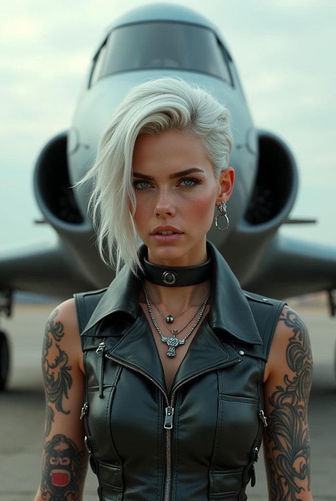 White haired airplane pilot,green eyes,white teeth,high,con piercing,tattooed,capitan