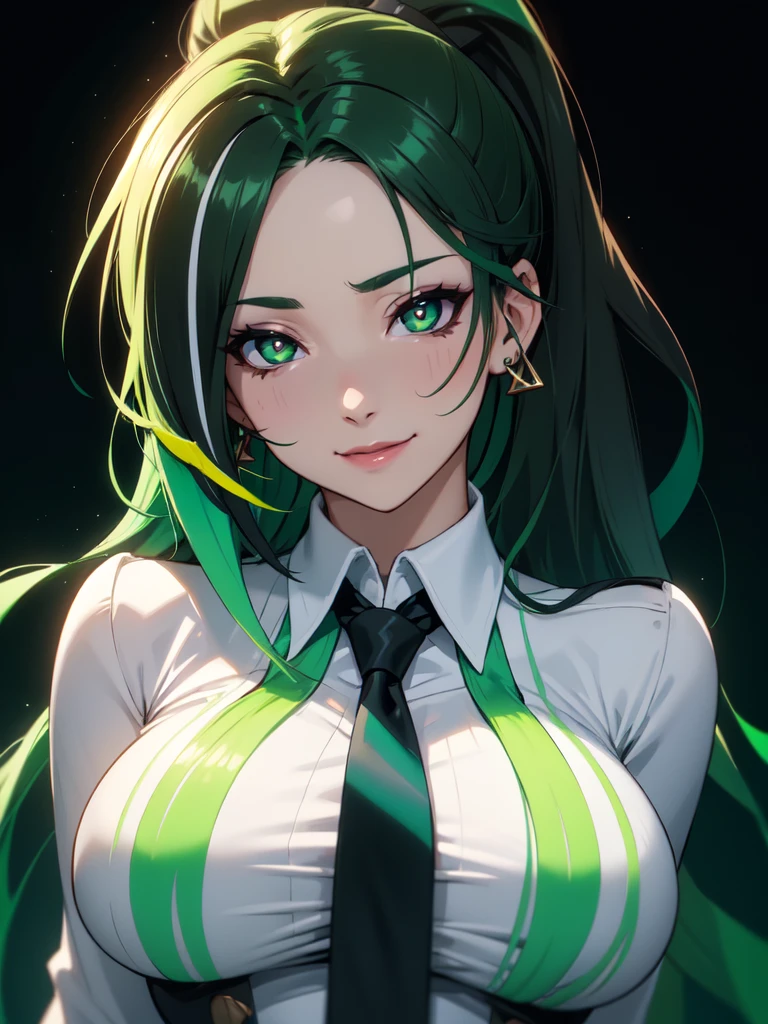 (((Portrait Photo))), She has the Appearance of a Playful and Unrestrained Woman, with a Voluptuous Figure that Commands Attention. Her Long, Dark Hair is Styled in a High Ponytail, Keeping it Neat and Out of Her Face. Her Bright, Sparkling Green Eyes Carry a Lively, Mischievous Gleam, Reflecting Her Joyful and Unburdened Nature. She is Dressed in a Tight White Shirt with a Bold Tie, the Buttons Straining Against Her Bust. Her Expression is Radiant and Amused, with an Enigmatic Smile and a Playful Glint in Her Eyes, Contributing to Her Provocative Presence. (((Dark Background))), (((Portrait Photo))), (((Green Streaked Hair))), (((Green Ombre Hair))) (((X-Shaped Pupils)))