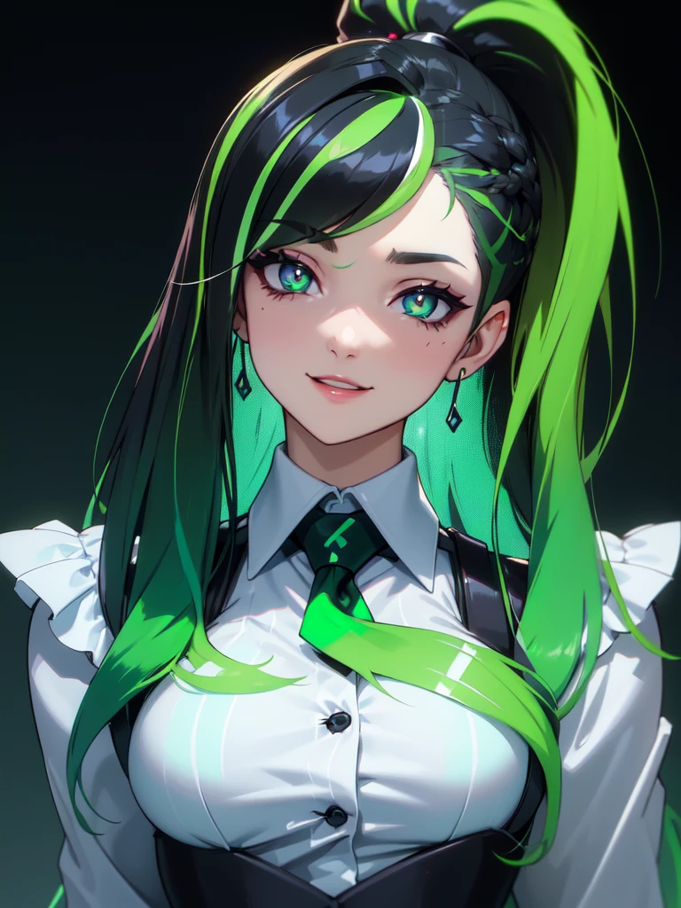 (((Portrait Photo))), She has the Appearance of a Playful and Unrestrained Woman, with a Voluptuous Figure that Commands Attention. Her Long, Dark Hair is Styled in a High Ponytail, Keeping it Neat and Out of Her Face. Her Bright, Sparkling Green Eyes Carry a Lively, Mischievous Gleam, Reflecting Her Joyful and Unburdened Nature. She is Dressed in a Tight White Shirt with a Bold Tie, the Buttons Straining Against Her Bust. Her Expression is Radiant and Amused, with an Enigmatic Smile and a Playful Glint in Her Eyes, Contributing to Her Provocative Presence. (((Dark Background))), (((Portrait Photo))), (((Green Streaked Hair))), (((Green Ombre Hair))) (((X-Shaped Pupils)))