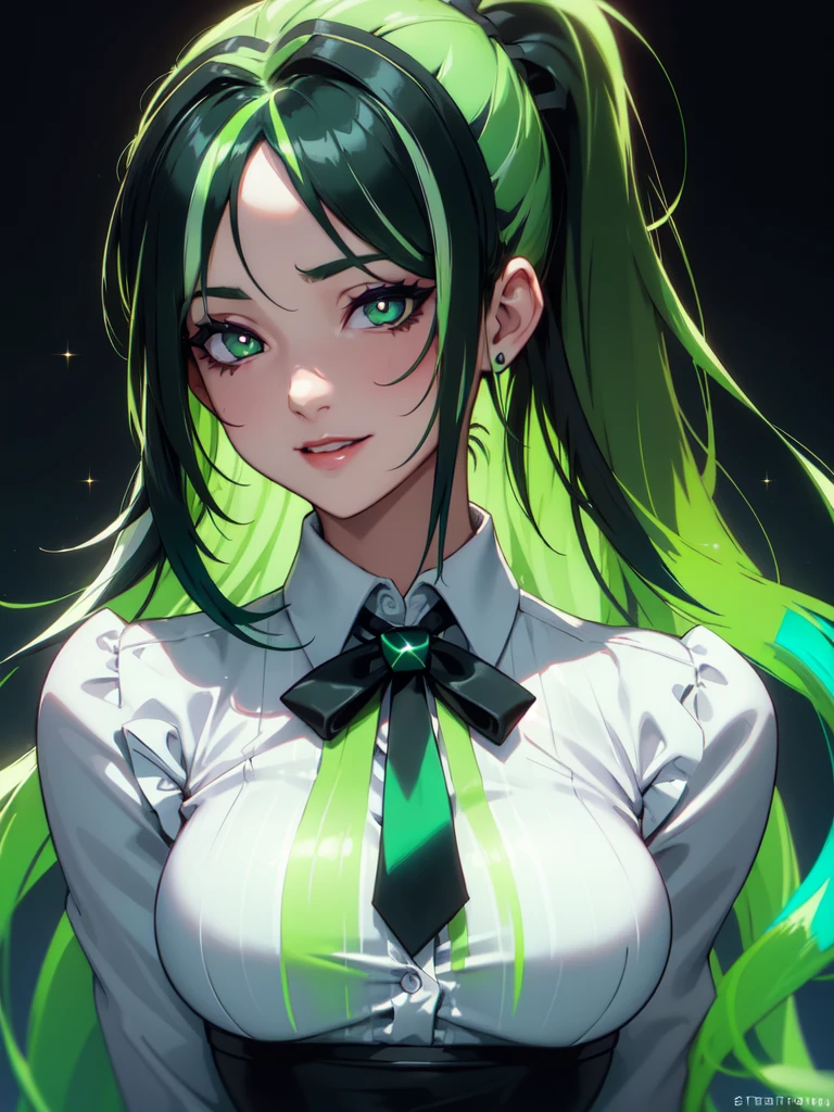 (((Portrait Photo))), She has the Appearance of a Playful and Unrestrained Woman, with a Voluptuous Figure that Commands Attention. Her Long, Dark Hair is Styled in a High Ponytail, Keeping it Neat and Out of Her Face. Her Bright, Sparkling Green Eyes Carry a Lively, Mischievous Gleam, Reflecting Her Joyful and Unburdened Nature. She is Dressed in a Tight White Shirt with a Bold Tie, the Buttons Straining Against Her Bust. Her Expression is Radiant and Amused, with an Enigmatic Smile and a Playful Glint in Her Eyes, Contributing to Her Provocative Presence. (((Dark Background))), (((Portrait Photo))), (((Green Streaked Hair))), (((Green Ombre Hair))) (((X-Shaped Pupils)))