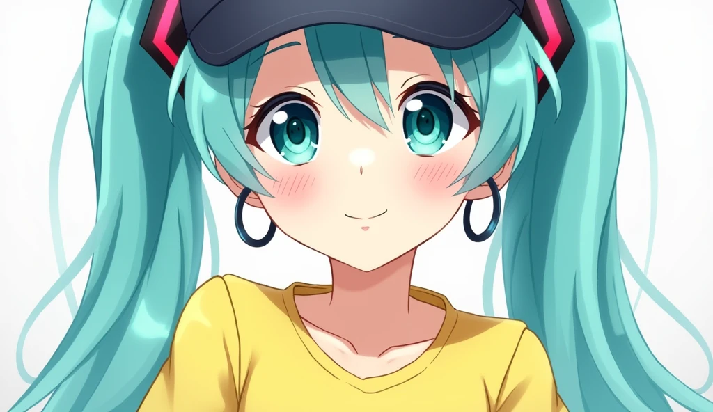 skistyle, miku hatsune, masterpiece, best quality, 1girl, blush, aqua eyes, cap, closed mouth, earrings, hat, hoop earrings, jewelry, looking at viewer, shirt, simple background, solo, upper body, yellow shirt