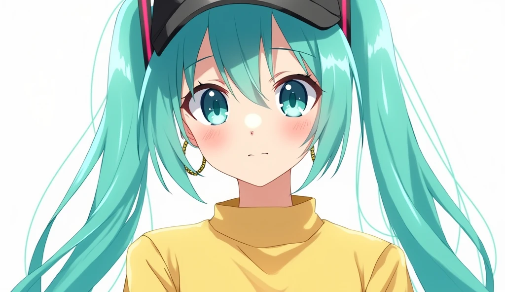 skistyle, miku hatsune, masterpiece, best quality, 1girl, blush, aqua eyes, cap, closed mouth, earrings, hat, hoop earrings, jewelry, looking at viewer, shirt, simple background, solo, upper body, yellow shirt
