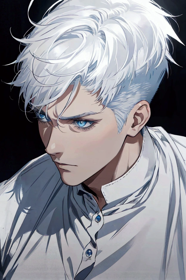 Portrait of 1man,2, solo,white hair, short hair, spiky hairstyle that appears slightly disheveled, light blue eyes, male focus, black t-shirt, dramatic lighting
