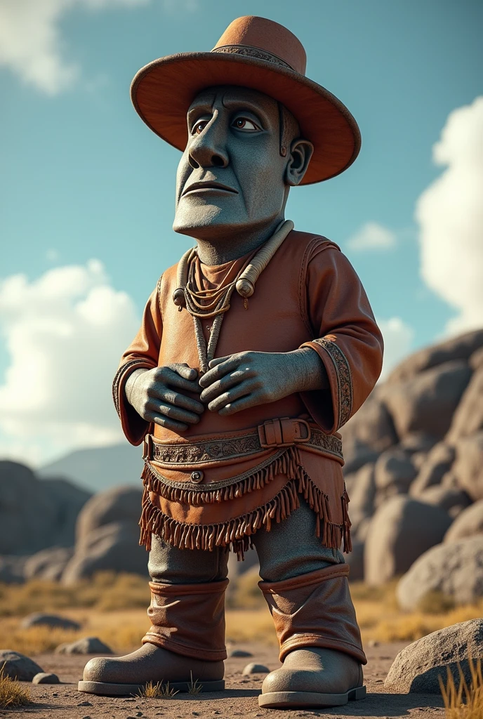 Moai dressed as a huaso ready to dance cueca