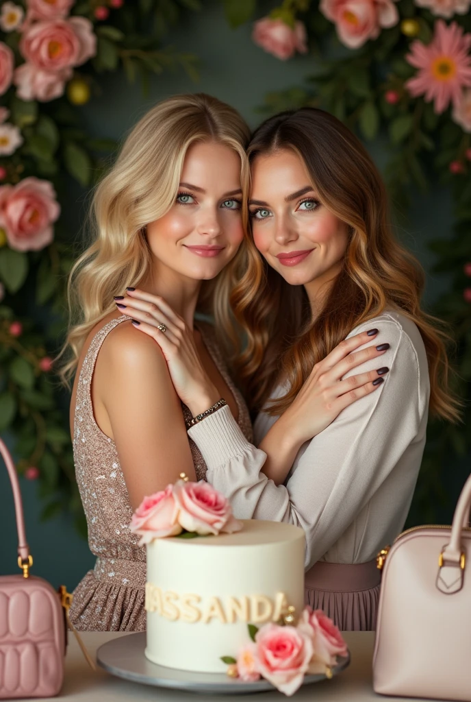  
20 year old blonde girl with blue eyes resembling Blair Waldorf from gossip girl dressed as Blair Waldorf hugging a 40 year old adult woman in the style of Kelly Rutherford but with brown hair and green eyes as mother and daughter with many floral arrangements and designer bags on the sides along with a cake in the middle that says Kassandra realistic human
