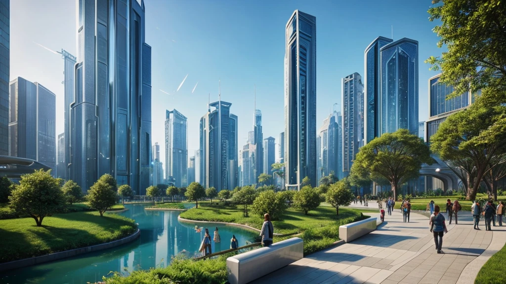 scifi, beautyful futuristic park, architectual, organic skyscraper, cyberpunk, futuristic, lake, people, hightech, hard-surface design, daylight, much tech, much electronic, very cozy, ambient light, realistic view, bird perspectiv, focal lengh 24mm, wide angle, year 2224