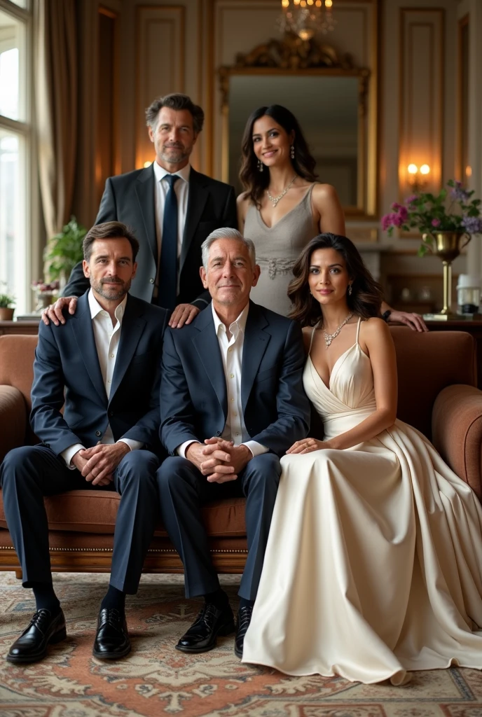 Description of the Photograph of the Mazzoni Family on the Sofa 1. enviroment:

The photograph is taken in a luxurious living room or a sophisticated hall with a classic and elegant design.. The environment is well lit with soft natural light, coming from large windows or elegant light fixtures. The background displays refined furniture, like a velvet sofa, fine wool rugs and subtle floral decoration.

2. Photography Composition:

- John Vicente Mazzoni (Ian Bohen):

Position: Giovanni is in the center of the sofa, with a relaxed and confident posture.
Appearance: He wears a dark suit, possibly in navy blue, with a white shirt and a tie in a sober tone. The suit is impeccably tailored, and he has a friendly smile that exudes dignity and leadership. His hair is neatly combed and he holds a posture that suggests authority and charm..
- Clara Williams Dubois Albuquerque Mazzoni (Bridget Regan):

Position: Clara is next to Giovanni, slightly leaning towards him, with a warm and kind look.
Appearance: She wears a long, elegant dress, in a white or cream tone, with subtle gold details. The dress is fluid and elegant, with a classic style that complements its appearance. Your hair is tied up in a sleek bun or in soft waves, and she wears discreet jewelry like earrings or a thin necklace.
- Thomas Mazzoni (Tom Welling):

Position: Thomas is next to Clara, with a relaxed and natural posture, com um leve sorriso.
Appearance: He wears a light suit, possibly in gray or light blue, with a white shirt and a dark tie. Your style is modern and polished, and your hair is well taken care of. The expression on his face is one of confidence and friendliness., reflecting a balance between professionalism and personal charm.
- Ailyn Mazzoni (adriana lima):

Position: Ailyn is next to Thomas, with a charming smile and a graceful posture.
Appearance: She wears a ball gown in a sophisticated shade like gold or navy blue., with a modern and elegant design. The dress p