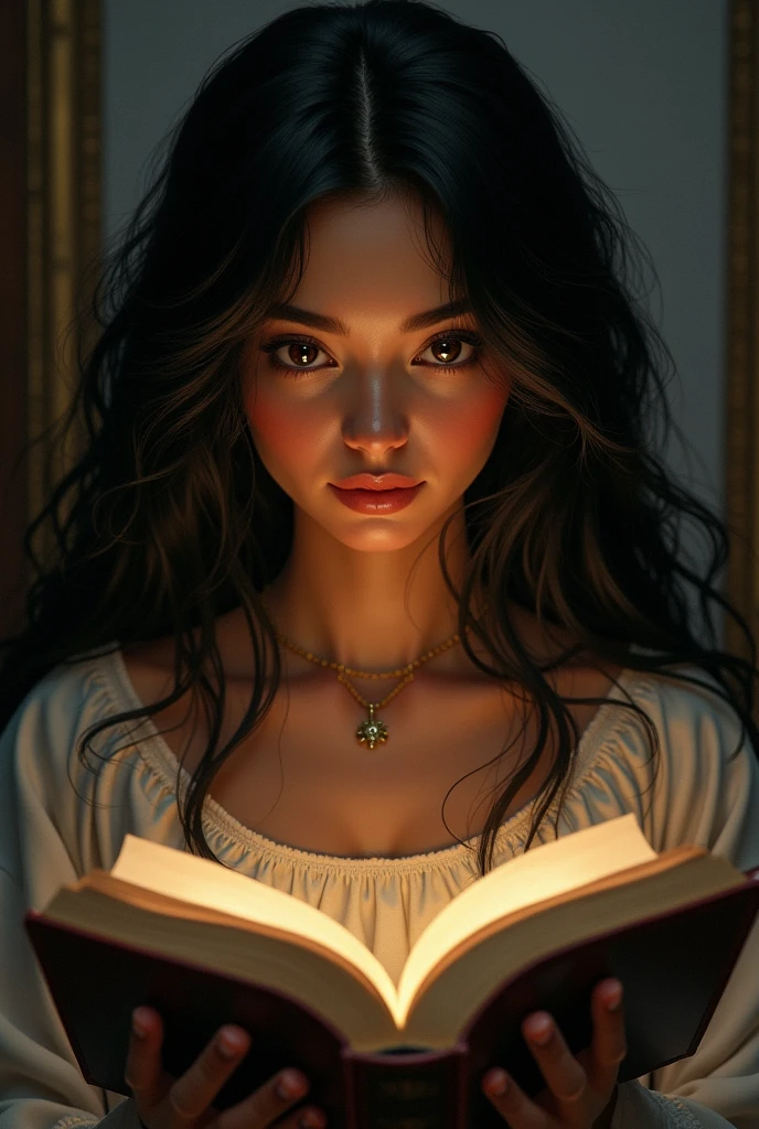 Generate images of my character with the main features, long, wavy black hair, brunette skin, Round face, dark brown eyes, and holding a book, the skin must be dark