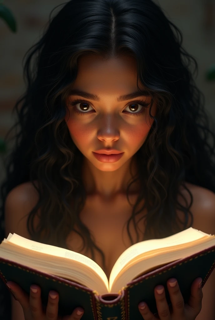 Generate images of my character with the main features, long, wavy black hair, brunette skin, Round face, dark brown eyes, and holding a book, the skin must be dark