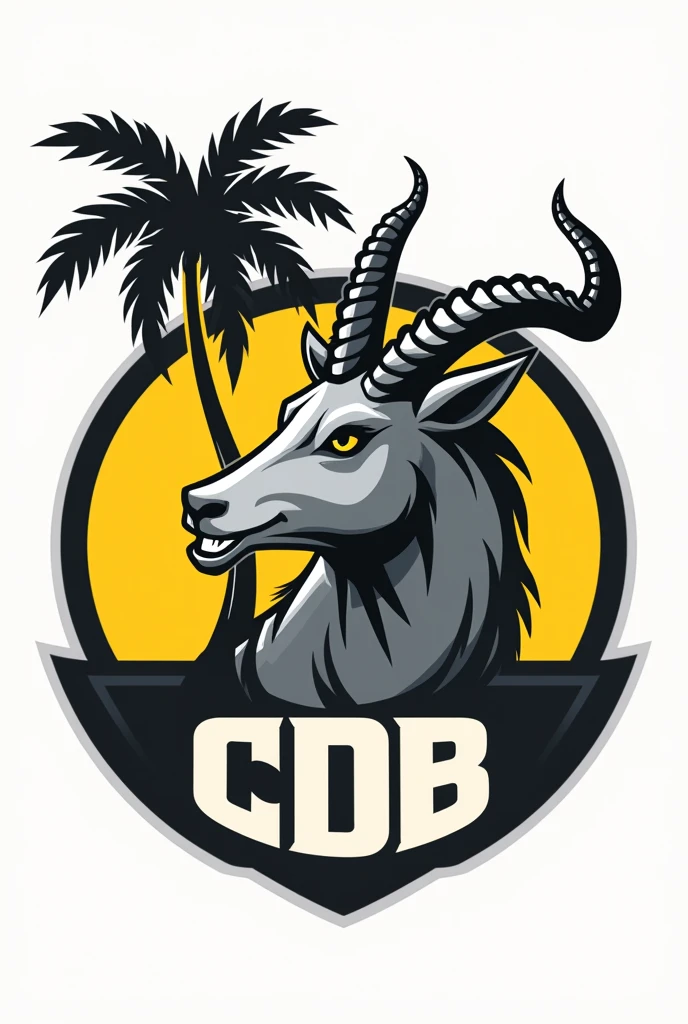 Logo of a football team called cdb. With yellow and gray colors. And a robust goat butting its head on the round coat of arms. With just a very tall and thin coconut tree in the background and the name CDB clearly highlighted.