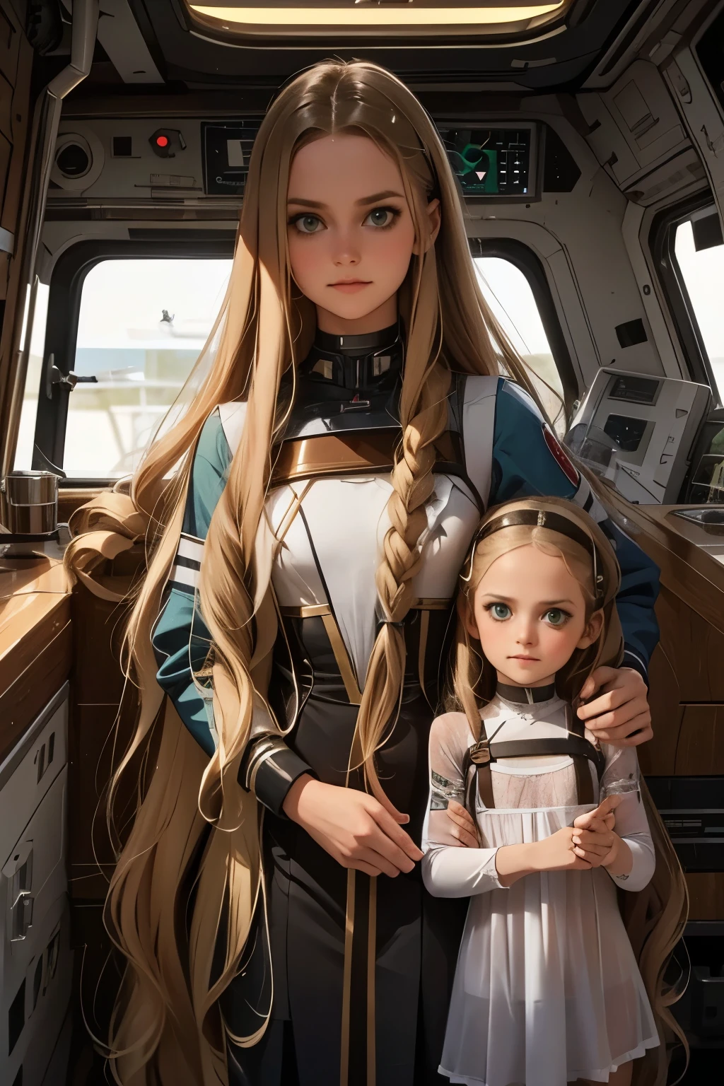 two  and a mother in a space station, a with long blond hair, a with long brown hair. Mom with long hair and dark green eyes