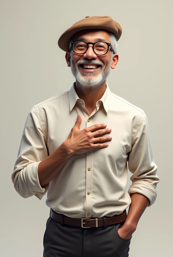 A 3D drawing of a 50-year-old man in a dress shirt, glasses and a beret, smiling broadly with one hand on his heart and the other raised in a sign of victory.
