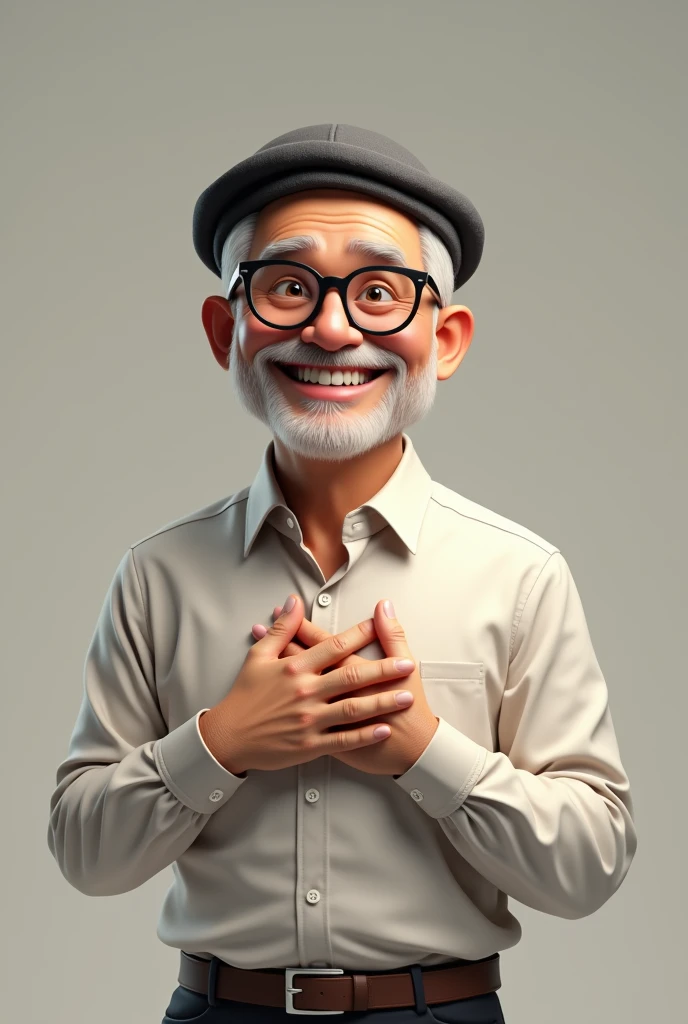A 3D drawing of a 50-year-old man in a dress shirt, glasses and a beret, smiling broadly with one hand on his heart and the other raised in a sign of victory.