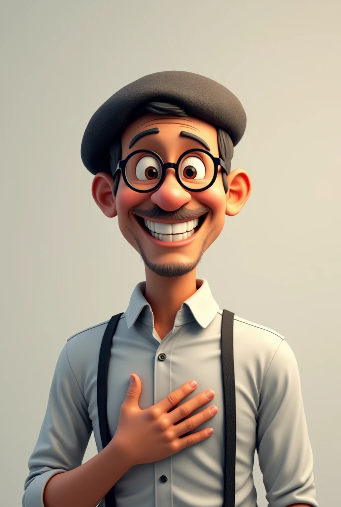 A 3D drawing of a 50-year-old man in a dress shirt, glasses and a beret, smiling broadly with one hand on his heart and the other raised in a sign of victory.