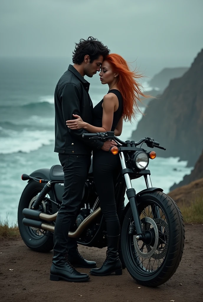 A couple of lovers dressed in full black with a chopper motorbike overlooking the coast, both wearing boots, girl orange straight hair boy curly hair