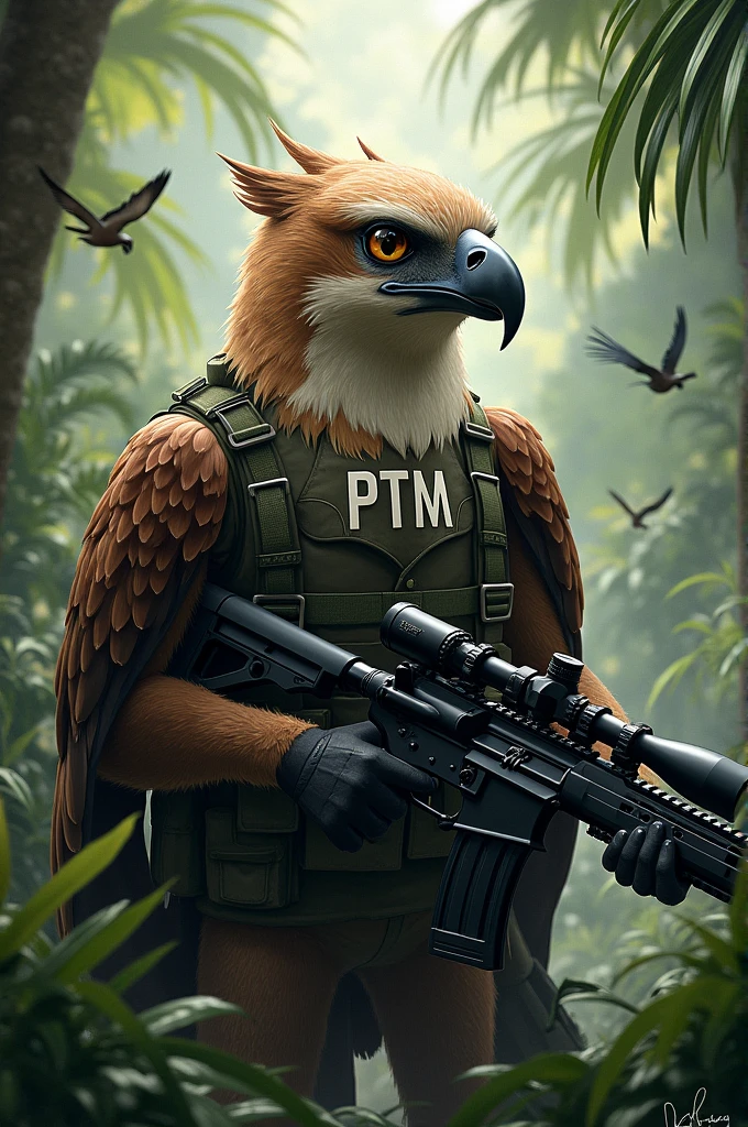 Soldier's harpy eagle with the letter PTM on the chest, loading a sniper rifle; in the background the jungle with small soldier birds