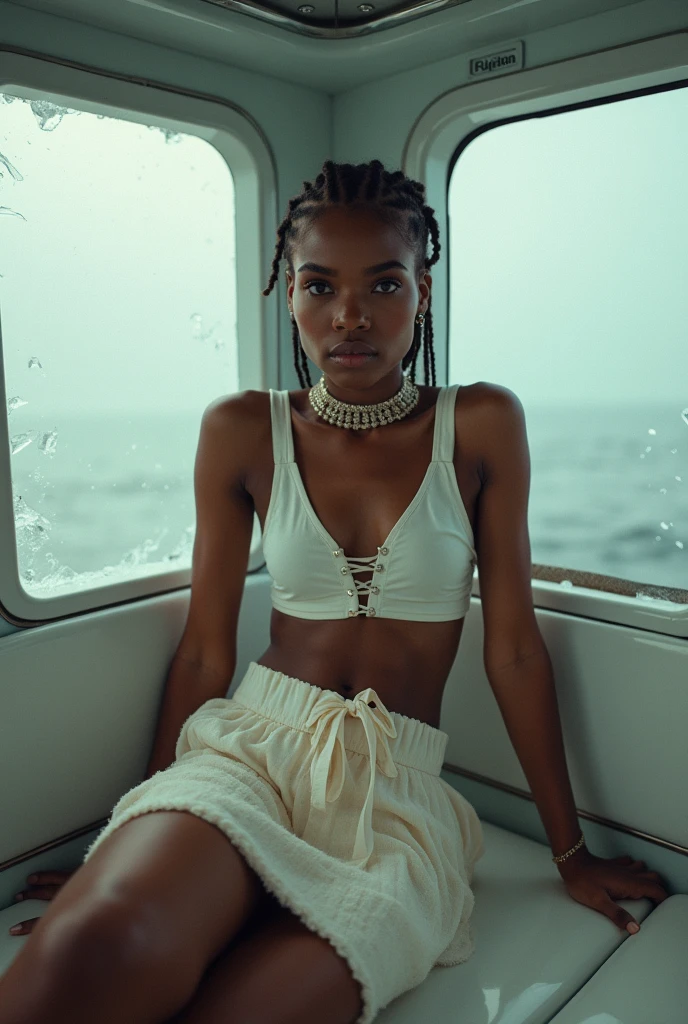 street photography of a man as a ((hologram hustler)) with ((braids)) In fur,a symbol of luxury and grandeur.,dressed in white crop top,lace-up detail,textured skirt,cream color,sleeveless,midriff-baring,vehicle interior,blurred windows,soft lighting,sitting,legs crossed,facing camera,relaxed posture,centered subject,eye-level shot,straightforward angle,natural lighting,on the observation deck of a cosmic observatory,intricate and low contrast detailed,ice,(from above:1.2),shot on Fujifilm X-S10 with Fujinon XF 10-24mm f-4 R OIS WR,photo by David Burdeny