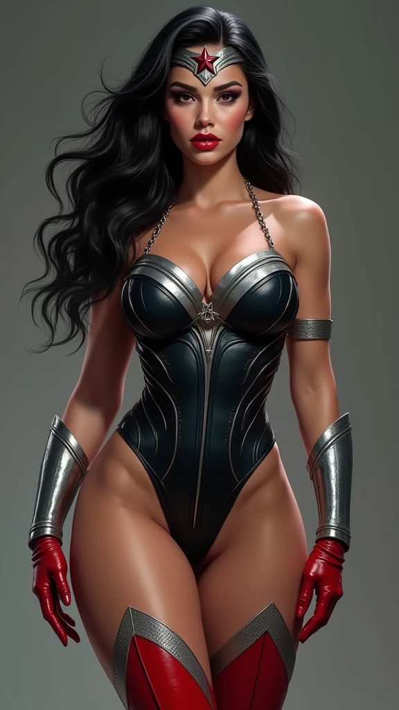 (((Midjourney A beautiful American woman with light eyes and long black hair))),(((Wearing a black leather jumpsuit with tiny scales))),((((Red boots and white stripe in the middle))),(((Long silver-colored metal bracelets fitted to your wrists))),(((Black Wonder Woman corset over jumpsuit))),(((Silver metal diaema with a red star on its front))),(((Suit with lots of tiny little stars))),(((Woman of thick build with muscles in her arms and legs))),(((fitness woman)))