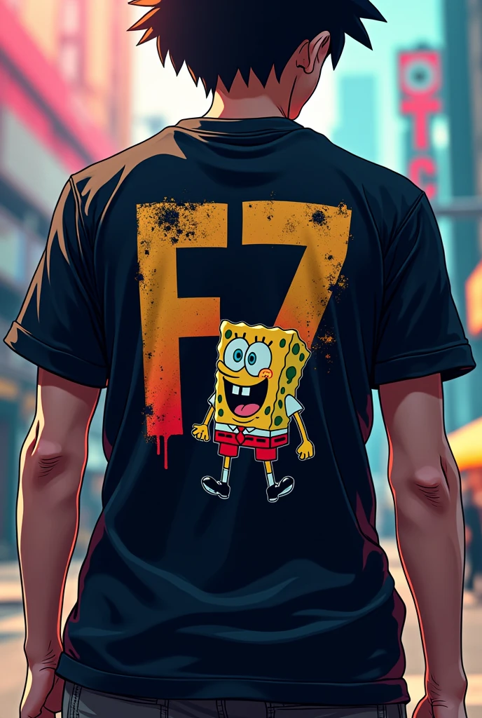 Create a shirt with the f7 brand on the back and that has a connection with an anime and f7 that has an incredible lie on the back with a picture of Sponge Bob