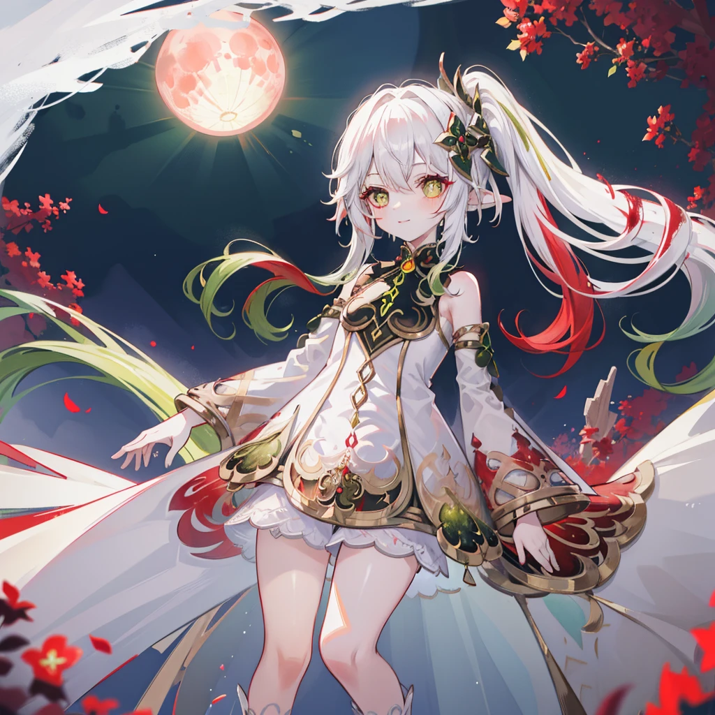 Nahida_Genshin,(White and red gradient hair),cross-shaped pupils,default_dress,Green cape,simplebackground，Blood Moon，Breath of death，Cold and powerful divinity，A sense of majesty,starrysky，ssmile，Blue tones，Red style，blood