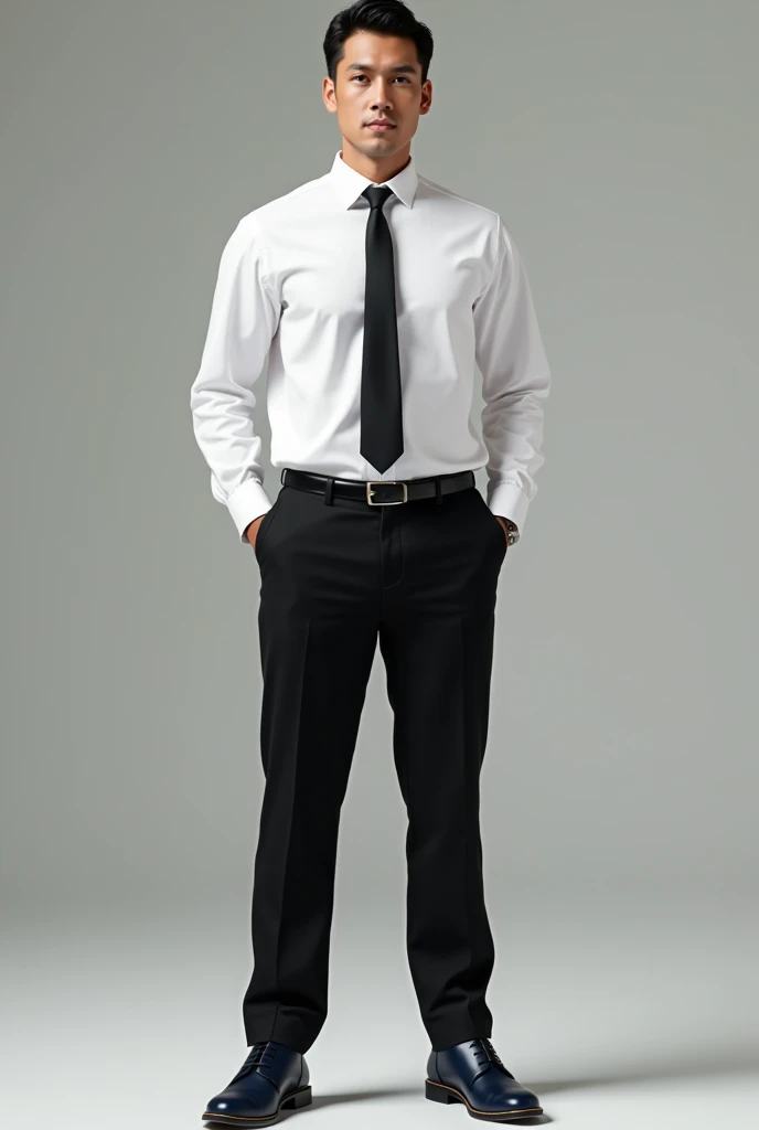 tall mestizo man with short hair dressed in black pants, white shirt and black tie, wearing navy blue nubuck derby shoes with white soles
