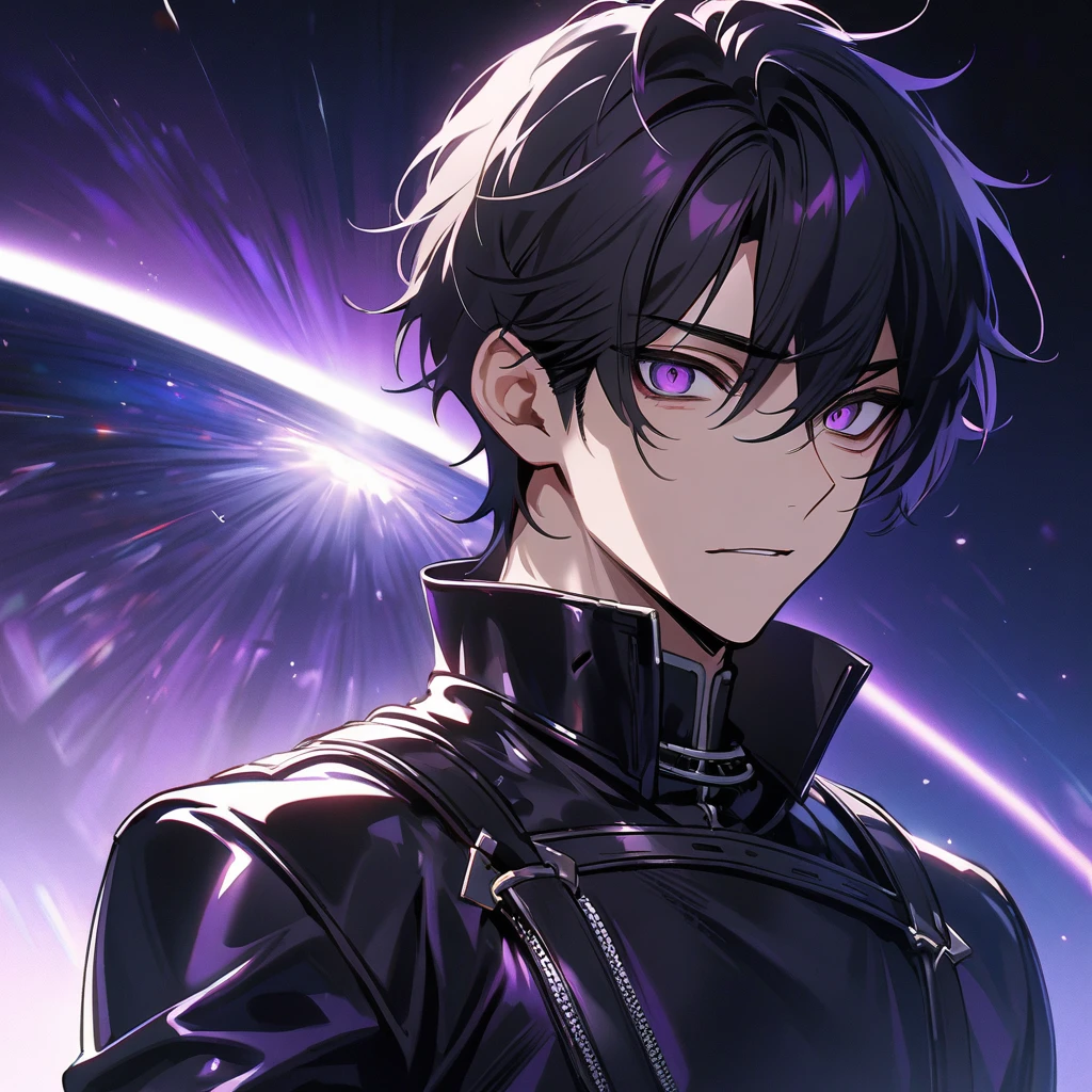 High quality, HD, 4k, no shadows, handsome male, handsome, extremly handsome, 1male, 1 male, teenager, pure black hair, short black hair, dark hair, black hair, jet black hair, sharp eyes, deep purple colored eyes, dark purple colored eyes, deep violet eyes, violet eyes, devil may cry, close up, calm expression, stoic expression, black leather clothes, black leather clothing, leather clothing, lean body, well trained body, upper body, looking at viewer, cowboy shot, white solar, space background