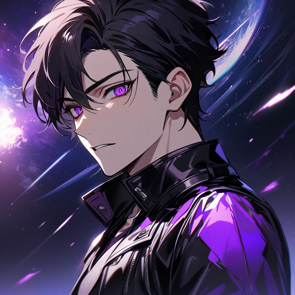 High quality, HD, 4k, no shadows, handsome male, handsome, extremly handsome, 1male, 1 male, , pure black hair, short black hair, dark hair, black hair, jet black hair, sharp eyes, deep purple colored eyes, dark purple colored eyes, deep violet eyes, violet eyes, devil may cry, close up, calm expression, stoic expression, black leather clothes, black leather clothing, leather clothing, lean body, well trained body, upper body, looking at viewer, cowboy shot, white solar, space background