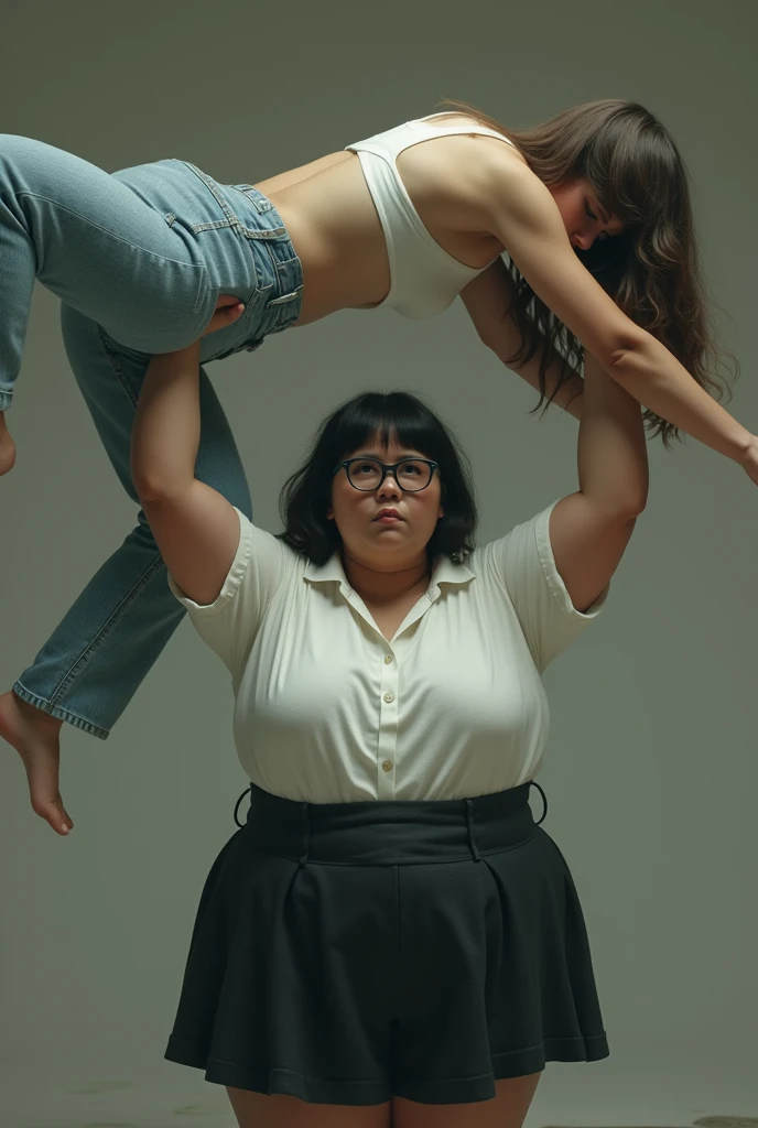 Create a photo of a age girl, obese, did, with black and dark skin, with short hair wearing a white shirt and black skirt and glasses, lifting the body of a 30-year-old woman from the ground by the waist and lifting it high into the air, with light white skin, long brown hair, slim body, without a bra with bare breasts and wearing jeans