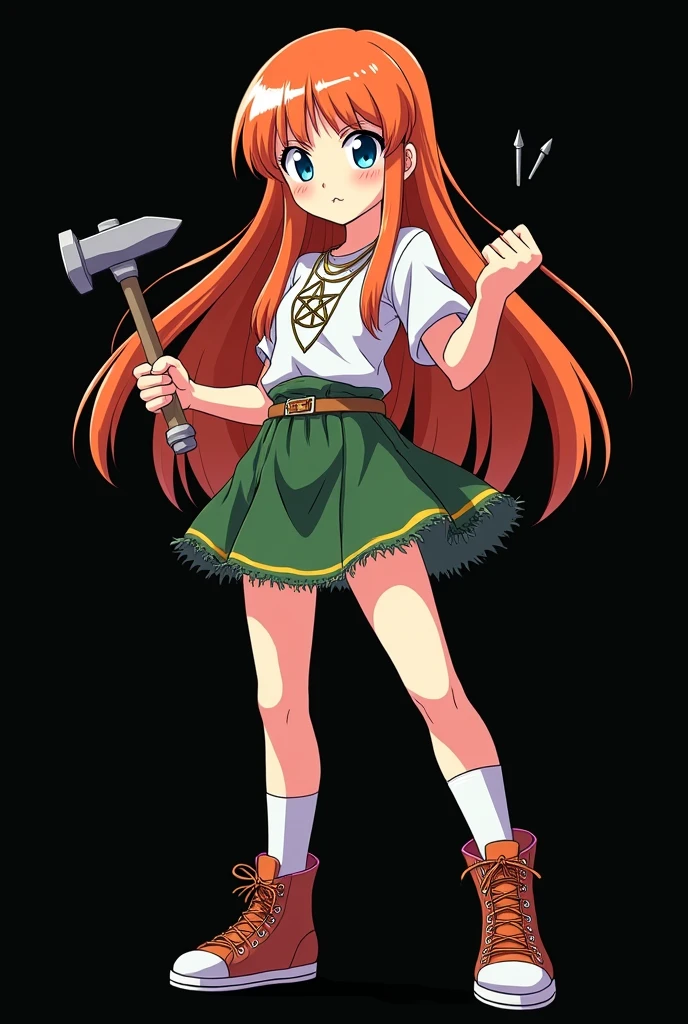 A full body image of a child, personagem do anime "Dragon Ball", she is very beautiful, with long, straight, fire-colored hair with two white streaks highlighted in the front, framing your face. She has blue-green eyes and pale skin.. she is a Wiccan, she is in fighting pose. she wears a pentagram necklace, croped, glued skirt, beautiful women's high-top shoes and ¾-long socks, she holds a nail hammer and small nails. It is drawn with Akira Toryama's animation. black backdrop.