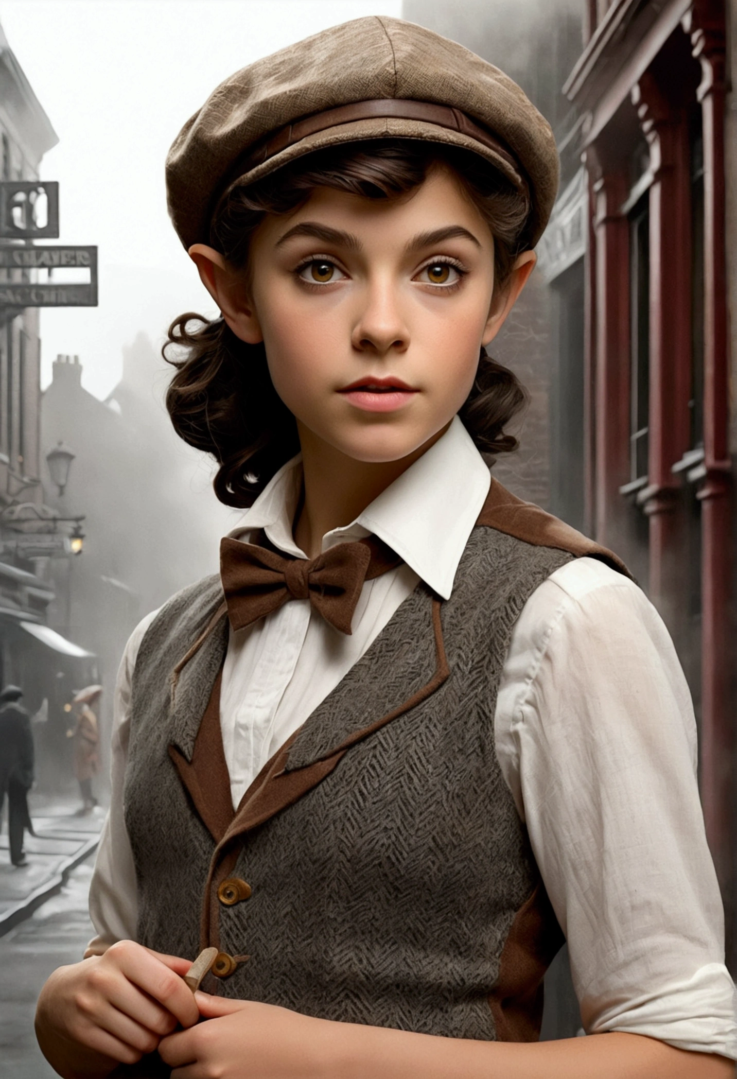 An illustrated movie poster, hand-drawn, full color, a age elven girl, wearing a tweed vest and a newsie cap, athletic hourglass figure, long pointy elf ears, amber eyes, dark hair, short curly hair, deep sun-tanned skintone, standing on a foggy victorian-era street corner, graphite shading, stencil marks, airbrushed acrylic paint, masterpiece, in the style of the Sherlock Holmes, elf ears