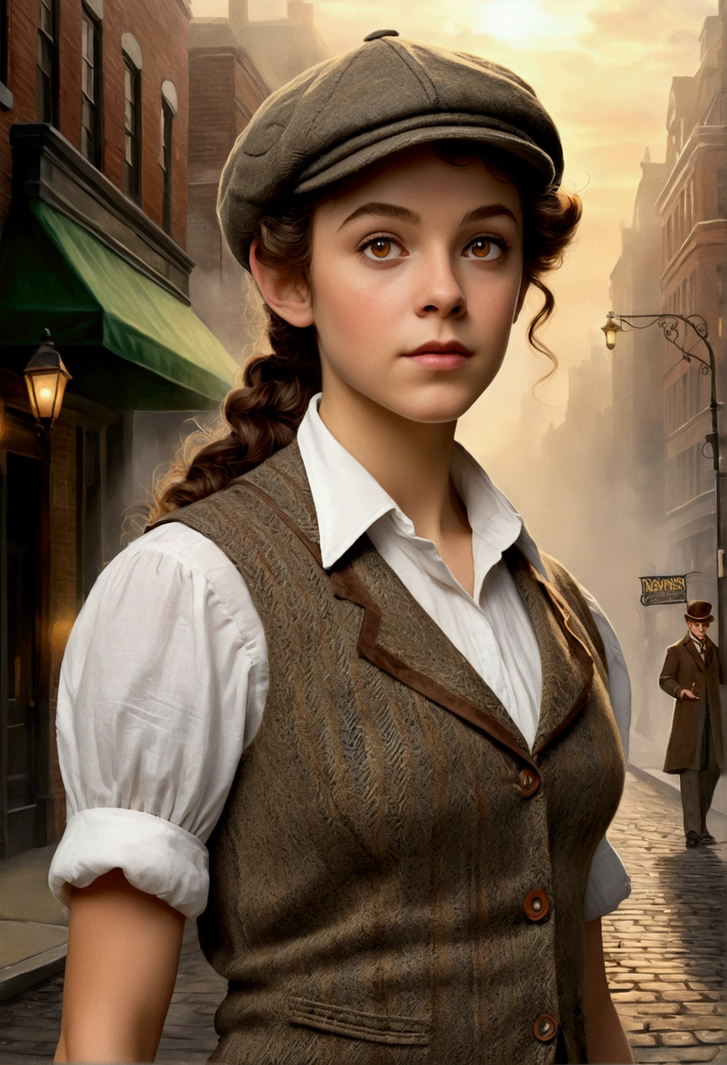 An illustrated movie poster, hand-drawn, full color, a teenage elven girl, wearing a tweed vest and a newsie cap, athletic hourglass figure, long pointy elf ears, amber eyes, dark hair, short curly hair, deep sun-tanned skintone, standing on a foggy victorian-era street corner, graphite shading, stencil marks, airbrushed acrylic paint, masterpiece, in the style of the Sherlock Holmes, elf ears