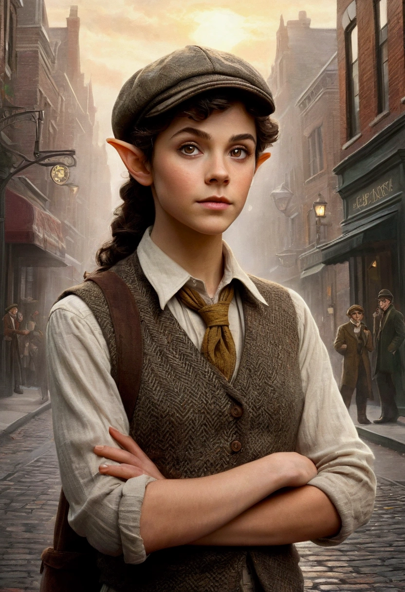 An illustrated movie poster, hand-drawn, full color, a teenage elven girl, wearing a tweed vest and a newsie cap, athletic hourglass figure, long pointy elf ears, amber eyes, dark hair, short curly hair, deep sun-tanned skintone, standing on a foggy victorian-era street corner, graphite shading, stencil marks, airbrushed acrylic paint, masterpiece, in the style of the Sherlock Holmes, elf ears