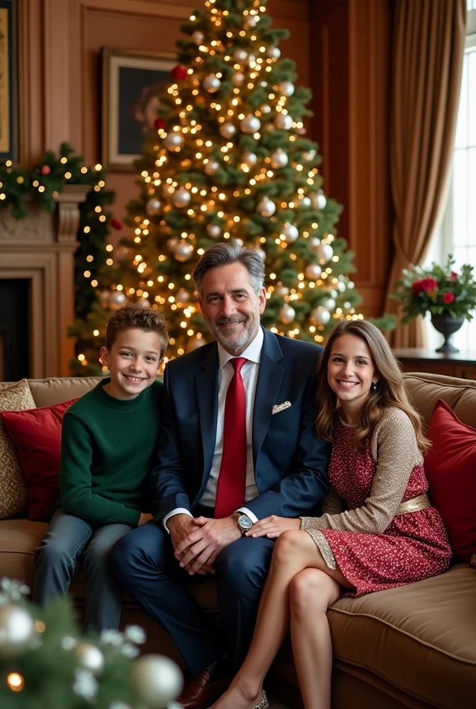 Description of the Photograph of the Mazzoni Family in a Christmas Mood 1. enviroment:
The photograph is taken in a living room elegantly decorated for Christmas. The atmosphere is welcoming and festive, with a grand, well-decorated Christmas tree as the centerpiece. The background displays classic furniture, floral arrangements and Christmas decorations such as garlands, garlands and soft lights.
2. Photography Composition:
- John Vicente Mazzoni (Ian Bohen):
Position: Giovanni is sitting in the center of the sofa, with a welcoming smile and a relaxed posture.
Appearance: He wears a dark suit (navy blue or dark gray) with a white shirt and a festive tie in a golden or dark red shade, that matches the Christmas spirit. Instead of a full formal look, he may be without his jacket, with a thin wool sweater over the shirt, to give a more casual and festive touch.
- Clara Williams Dubois Albuquerque Mazzoni (Bridget Regan):
Position: Clara is next to Giovanni, slightly tilted towards you, with a warm look and a slight smile.
Appearance: She wears an elegant Christmas dress in a deep red or emerald green shade., with subtle gold details. The dress is sophisticated, but with a festive touch. Your hair is in a loose bun or wavy style, decorated with a festive tiara or Christmas flower.
- Thomas Mazzoni (Tom Welling):
Position: Thomas is next to Clara, with a casual posture and a friendly smile.
Appearance: He wears a stylish Christmas sweater in a dark green or red shade., perhaps with a discreet pattern like snowflakes or stars. The sweater is paired with well-cut pants and a touch of casual elegance..
- Ailyn Mazzoni (adriana lima):
Position: Ailyn is next to Thomas, with a graceful posture and a charming smile.
Appearance: She wears a festive dress in a gold or silver tone., with crystal or sequin details that shine softly in the light of the decorations. Your hair is in loose waves or a sophisticated bun,