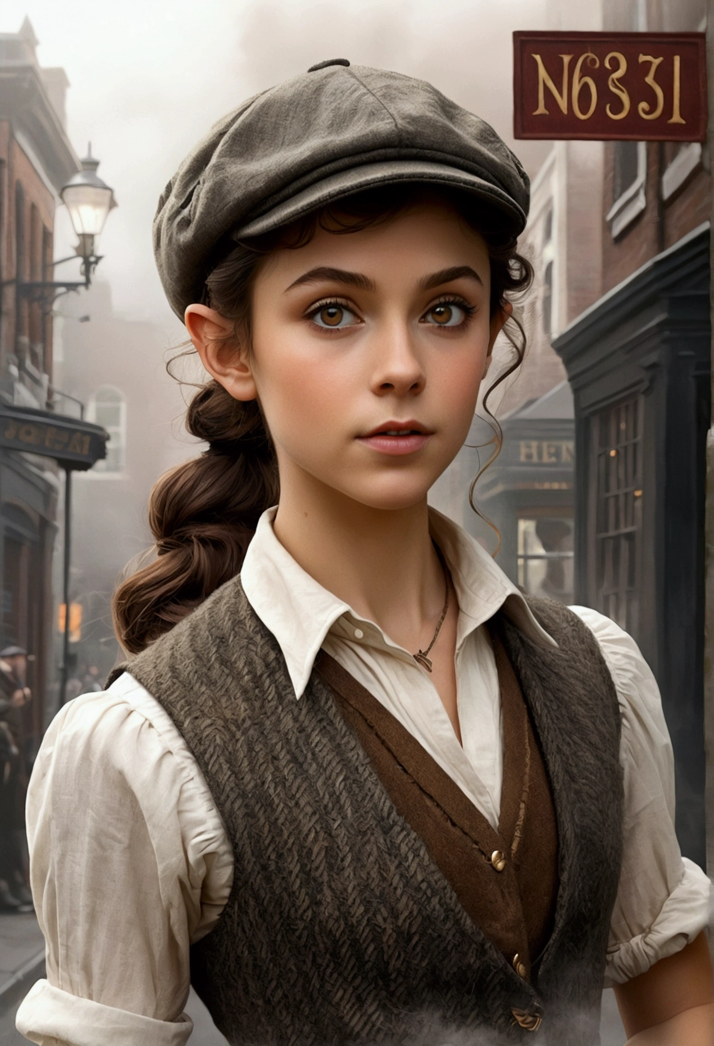 An illustrated movie poster, hand-drawn, full color, a teenage elven girl, wearing a tweed vest and a newsie cap, athletic hourglass figure, long pointy elf ears, amber eyes, dark hair, curly ponytail, deep sun-tanned skintone, standing on a foggy victorian-era street corner, graphite shading, stencil marks, airbrushed acrylic paint, masterpiece, in the style of the Sherlock Holmes, elf ears