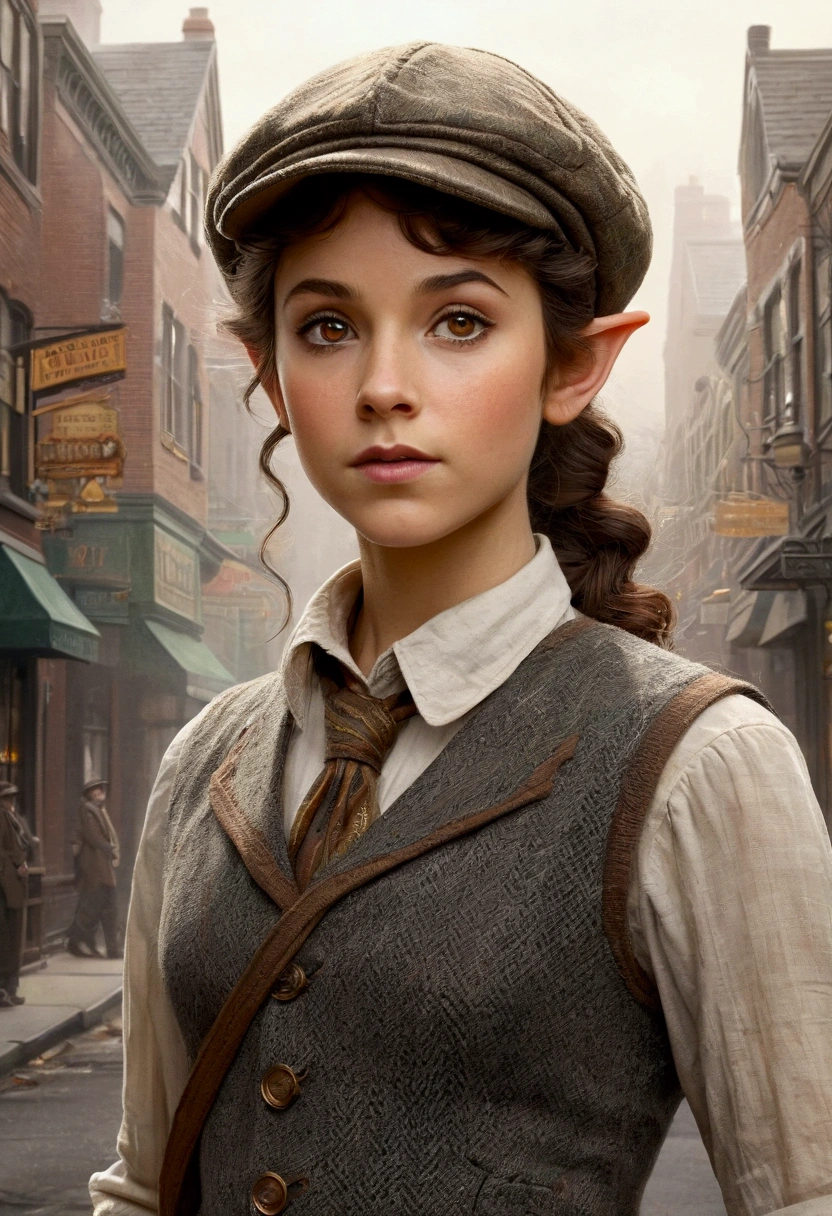 An illustrated movie poster, hand-drawn, full color, a teenage elven girl, wearing a tweed vest and a newsie cap, athletic hourglass figure, long pointy elf ears, amber eyes, dark hair, curly ponytail, deep sun-tanned skintone, standing on a foggy victorian-era street corner, graphite shading, stencil marks, airbrushed acrylic paint, masterpiece, in the style of the Sherlock Holmes, elf ears