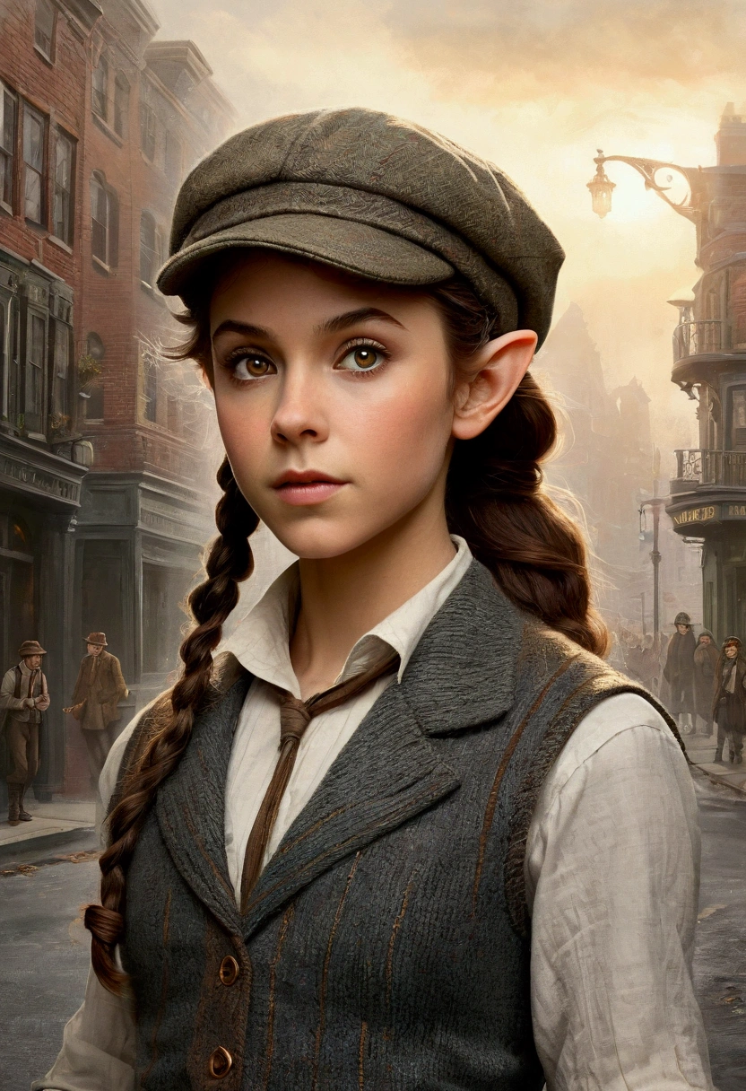 An illustrated movie poster, hand-drawn, full color, a age elven girl, wearing a tweed vest and a newsie cap, athletic hourglass figure, long pointy elf ears, amber eyes, dark hair, curly ponytail, deep sun-tanned skintone, standing on a foggy victorian-era street corner, graphite shading, stencil marks, airbrushed acrylic paint, masterpiece, in the style of the Sherlock Holmes, elf ears