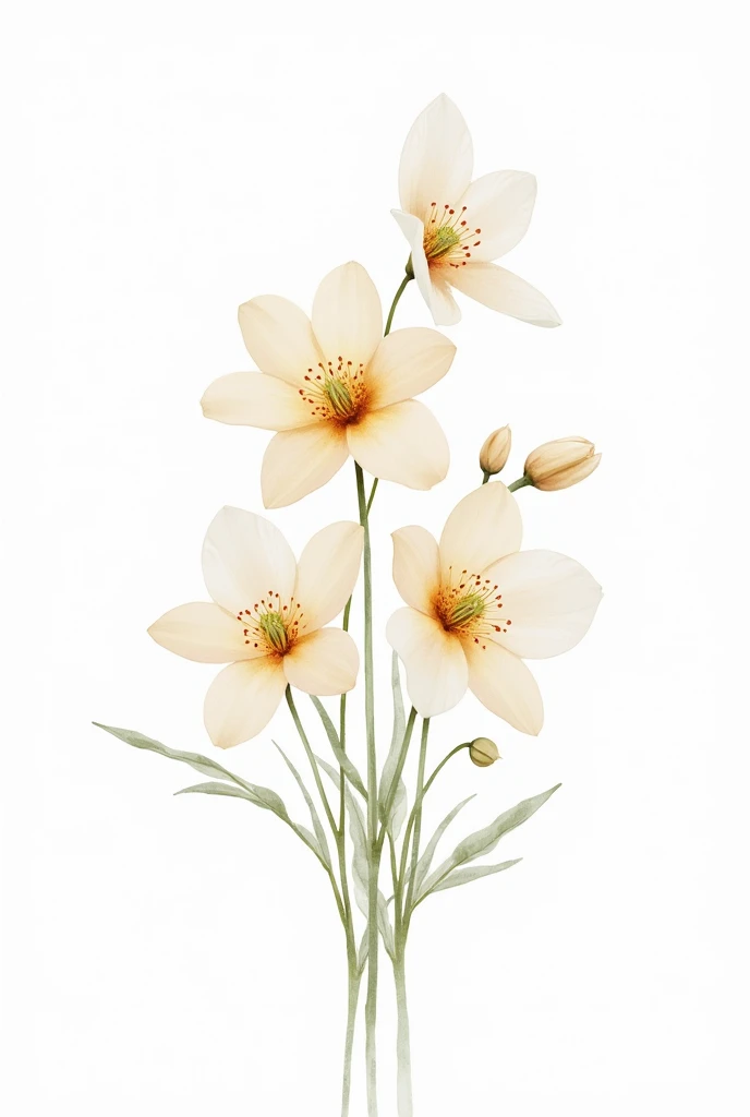 Create an image of vanilla and white flower drawn and painted with watercolor on white background