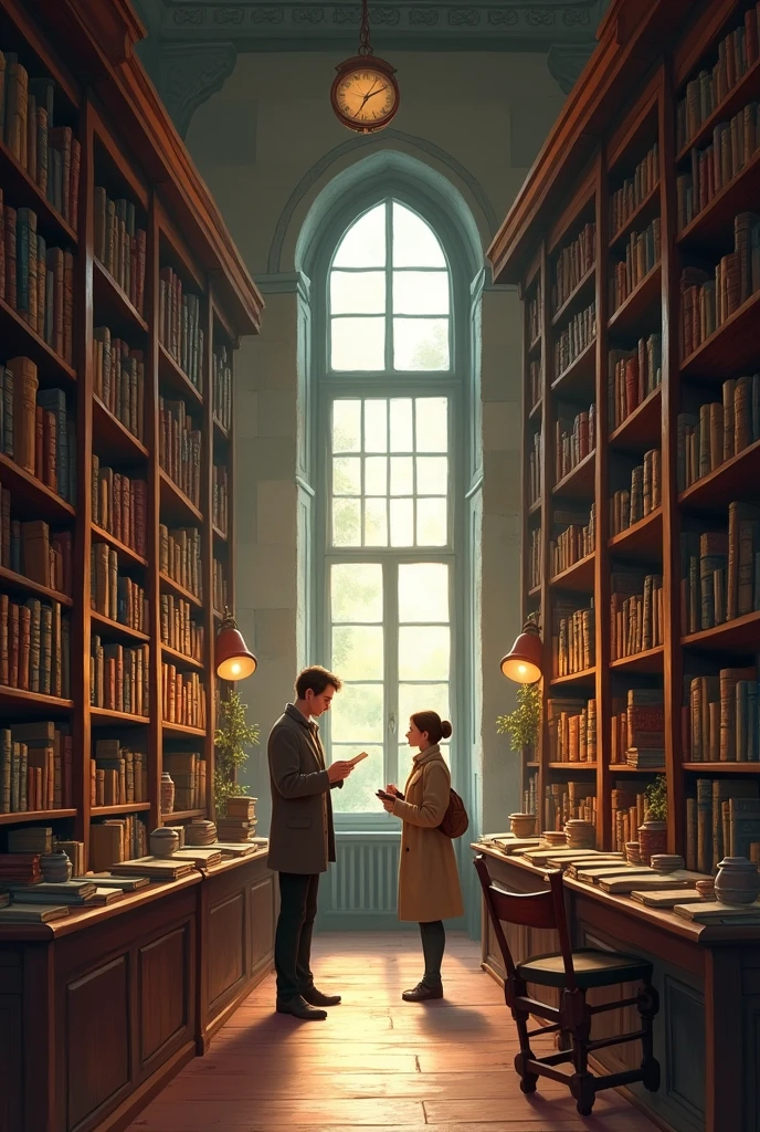 A quiet bookstore with shelves full of old books. Characters: A writer looking for inspiration and a librarian with a kind smile.