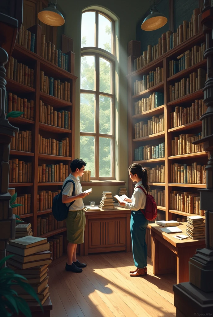 A quiet bookstore with shelves full of old books. Characters: A writer looking for inspiration and a librarian with a kind smile.