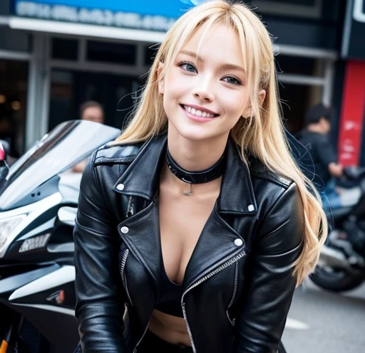 highest quality, Ultra-high resolution, (Realistic:1.4),Black rider jacket、black t-shirt with open chest、Leaning forward、Japanese、Gal、Blonde、blue eyes、cute、smile、Large motorcycle in the background