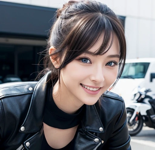highest quality, Ultra-high resolution, (Realistic:1.4),Black rider jacket、black t-shirt with open chest、Leaning forward、Japanese、Gal、Blonde、blue eyes、cute、smile、Large motorcycle in the background