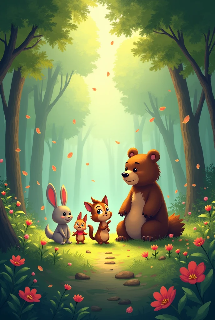 
Enchanted Forest, Four very special friends: the hopping bunny, the little bird Trino, Squirrel Chispa and Cuddly Bear. 
Moral: With friendship, everything is possible. a cover for my story 