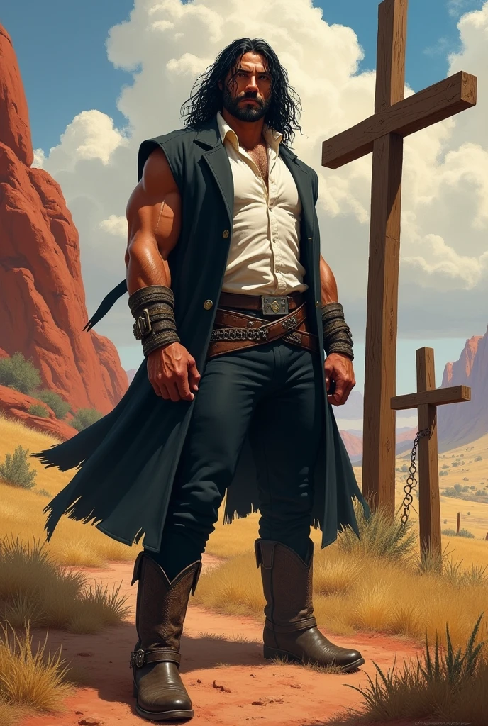 (A strong muscular man, boy: brave, strong)(oil painting, a high resolution:1.2,Sharp Focus)(detailed face:1.2,detailed eyes:1.1)(Intense expression:1.1,confident)(long black hair to the shoulders:1.1, Mild unshaven)(take a dynamic pose) (black duster, White shirt, black trousers, cowboy boots), (prairie background:1.1, red rocks, Rolling clouds)(soft lighting, warm colors)(bright colors, Vibrant Palette), (large wooden cross, standing next to him), (a portable cross as tall as a man, on a chain)