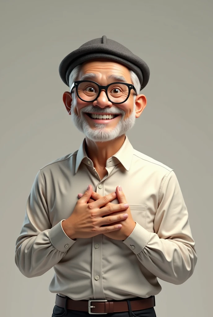 A 3D drawing of a 50-year-old man in a dress shirt, glasses and a beret, smiling broadly with one hand on his heart and the other raised in a sign of victory.