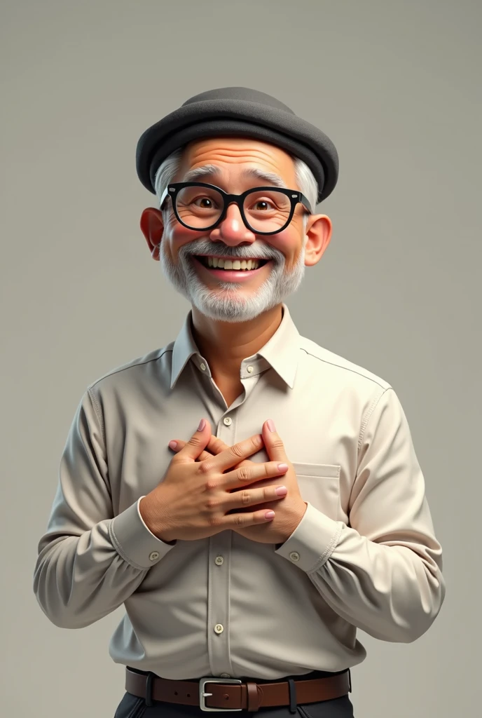 A 3D drawing of a 50-year-old man in a dress shirt, glasses and a beret, smiling broadly with one hand on his heart and the other raised in a sign of victory.