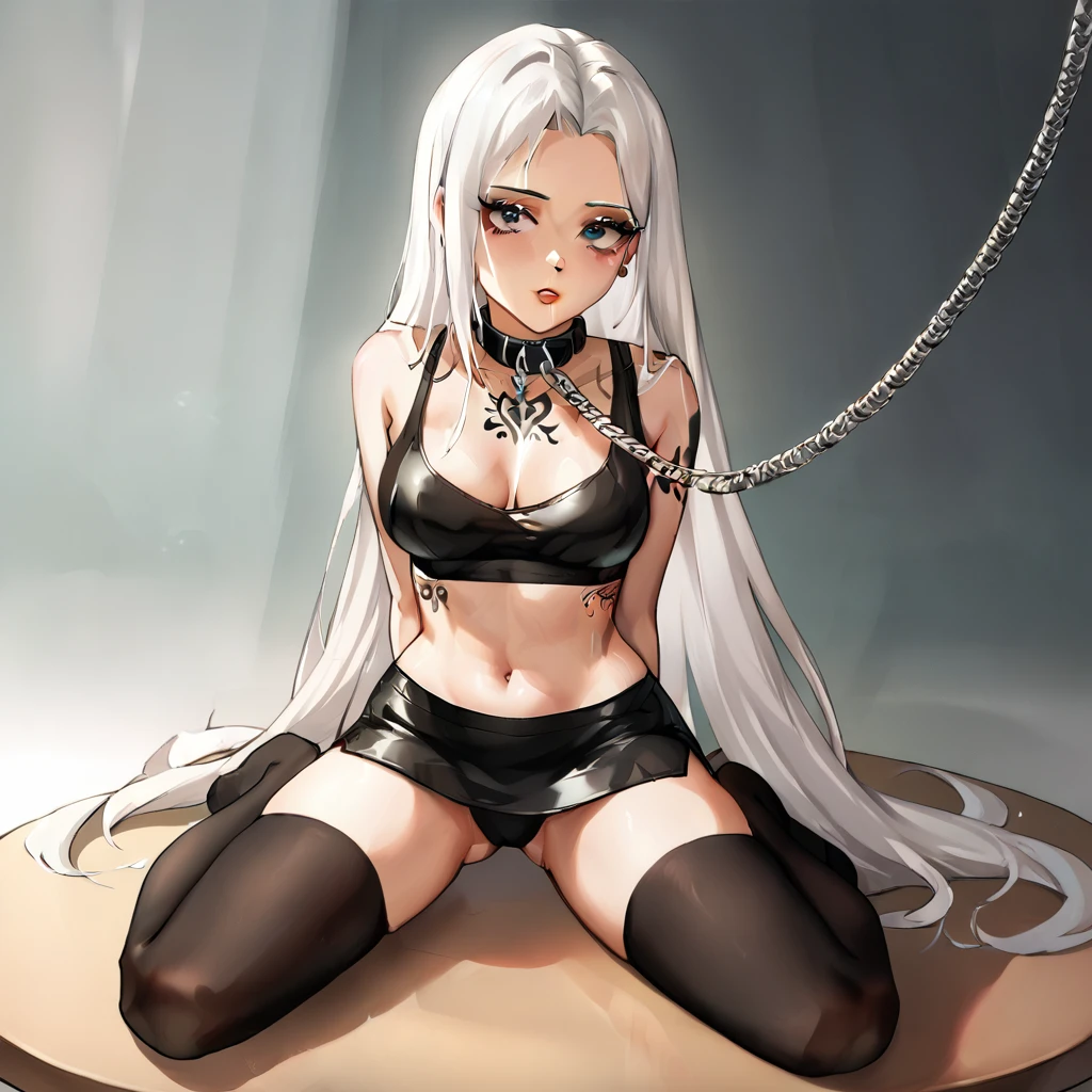 black pencil skirt, black long sleeve top, only the navel,Put your hands behind your back,restraints, White hair, Very long hair, straight hair, Cute, slender body, thin legs, Black thigh high stockings, Nylon stockings, hands in black leather handcuffs, hands, Connected by a chain, amrs togather, masochistic, whole body, on the knees, leather handcuffs, Calf Tattoo, large collar around the neck, 18 years, long eyelashes, mascara, cute face, Older, top to bottom bottom to top, hands behind your back, on the knees, submissive look, lying on the table, on the stomach, holding leash