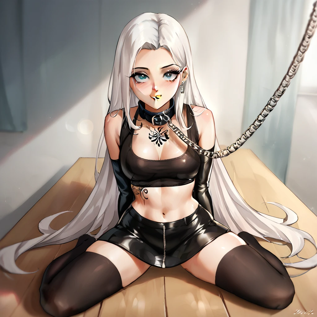 black pencil skirt, black long sleeve top, only the navel,Put your hands behind your back,restraints, White hair, Very long hair, straight hair, Cute, slender body, thin legs, Black thigh high stockings, Nylon stockings, hands in black leather handcuffs, hands, Connected by a chain, amrs togather, masochistic, whole body, on the knees, leather handcuffs, Calf Tattoo, large collar around the neck, 18 years, long eyelashes, mascara, cute face, Older, top to bottom bottom to top, hands behind your back, on the knees, submissive look, lying on the table, on the stomach, holding leash