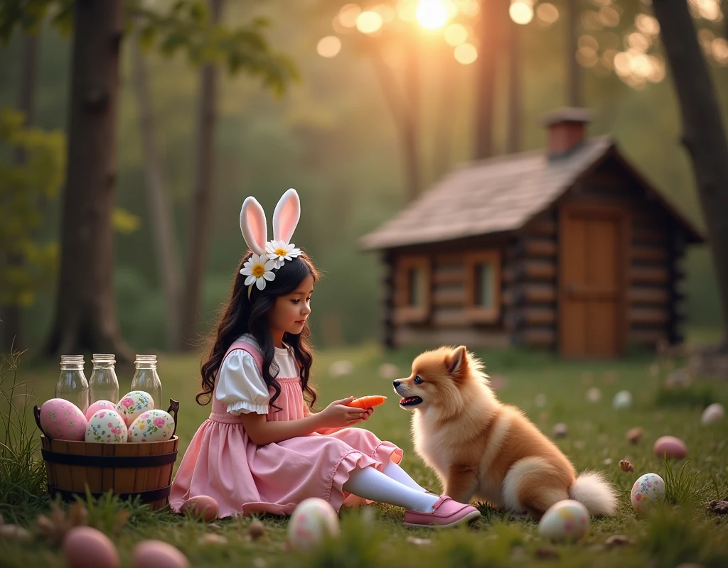 Fairytale style photography, set in a forest during twilight. The layout shows a fair-skinned, dark-haired girl, adorned with a flower headband and white bunny ears, sitting on a log. She is wearing a pink ruffled skirt and a white blouse, paired with white knee-high socks and pink shoes. Beside her is a light brown fluffy Pomeranian dog. The girl is holding a carrot, seemingly offering it to the dog. On the left, there is a wooden bucket filled with colorful, intricately decorated Easter eggs and two glass milk bottles. In the background, a rustic wooden cabin is partially visible among the trees, with a soft, warm light filtering through the foliage, creating a magical atmosphere.