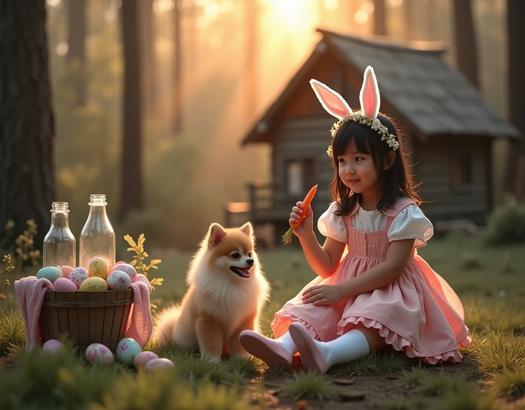 Fairytale style photography, set in a forest during twilight. The layout shows a fair-skinned, dark-haired girl, adorned with a flower headband and white bunny ears, sitting on a log. She is wearing a pink ruffled skirt and a white blouse, paired with white knee-high socks and pink shoes. Beside her is a light brown fluffy Pomeranian dog. The girl is holding a carrot, seemingly offering it to the dog. On the left, there is a wooden bucket filled with colorful, intricately decorated Easter eggs and two glass milk bottles. In the background, a rustic wooden cabin is partially visible among the trees, with a soft, warm light filtering through the foliage, creating a magical atmosphere.