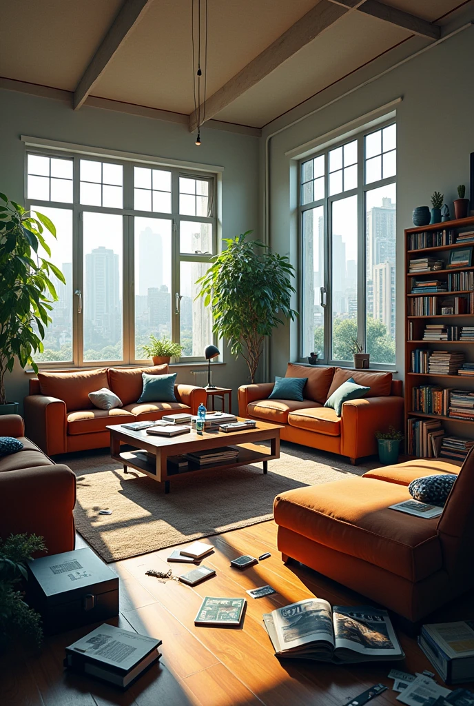 HD image of a spacious but messy living room with things on the table and armchairs, etc